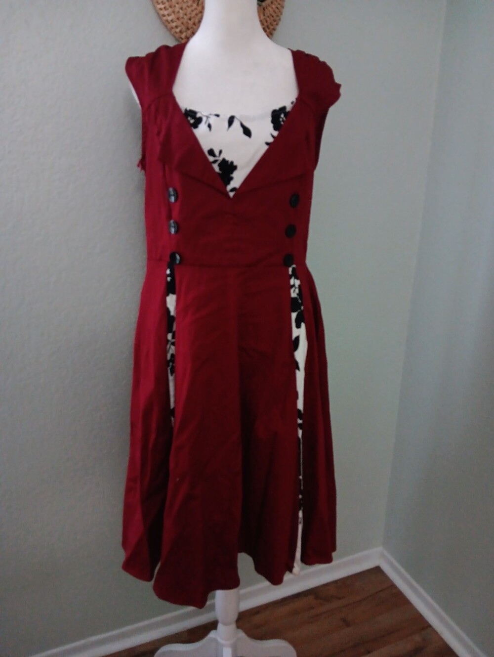 Red Fit-and-Flare Dress with Black & White Floral Paneled Bodice Rockabilly